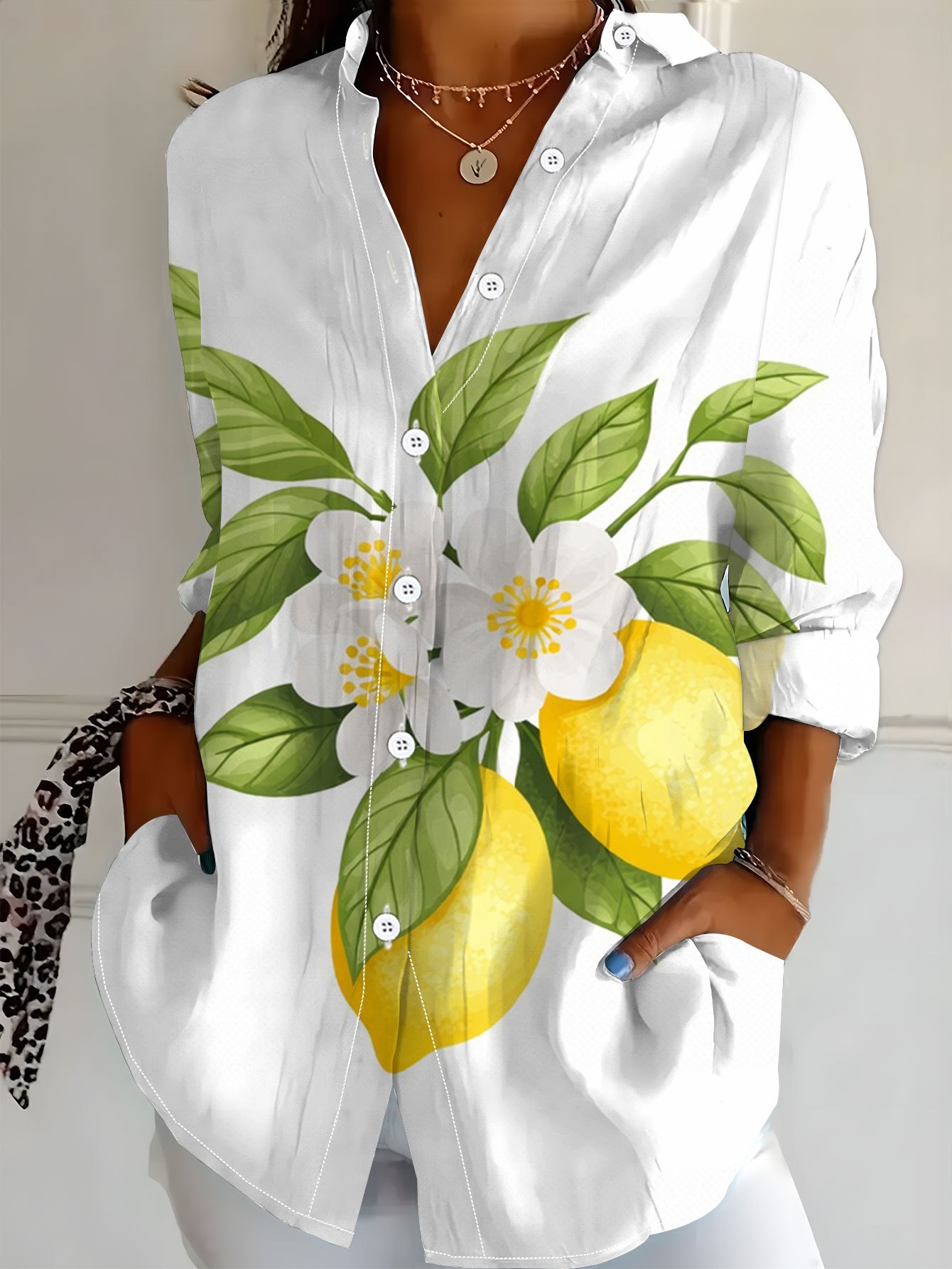 item picture plus size plus size new plus size womens long sleeve printed shirt fashion casual tie front collar blouse womens shirt loose womens long sleeve   all match elegant shirt lemon white flowers green leaves illustration