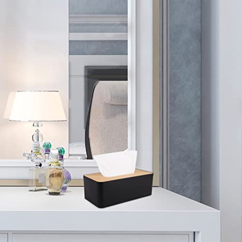 modern   tissue box holder with white lid - elegant rectangular or round design, durable plastic & bamboo construction, scratch-resistant surface protector, fits bathroom, office, home - compatible with square & round tissues (9.7x5x3.6in) - decorative storage organizer Product details 5