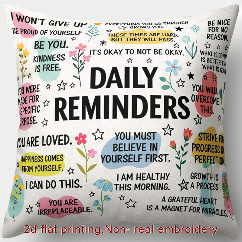 TEMU 2d Flat - 1pc, 2d Flat Printing, Zipper Throw Pillow Cover, Suitable For Inspirational Themed Pillowcases, Featuring Text, Flowers, Stars, And