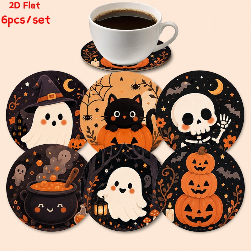 TEMU Cute Halloween Ghost 2d Flat Print Wooden Coasters, Set Of 6, Featuring Fun Designs With Haunted House, Pumpkin Lantern, And Starry Sky Details,
