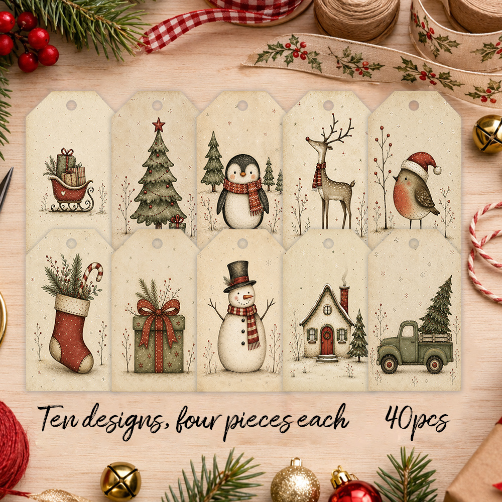 TEMU Lot de 40 Étiquettes Cadeaux de Noël Rustiques, 10 Styles d'Étiquettes Vintage Aquarelle sur le Thème de la Forêt, Étiquettes de d'Hiver, Cartes