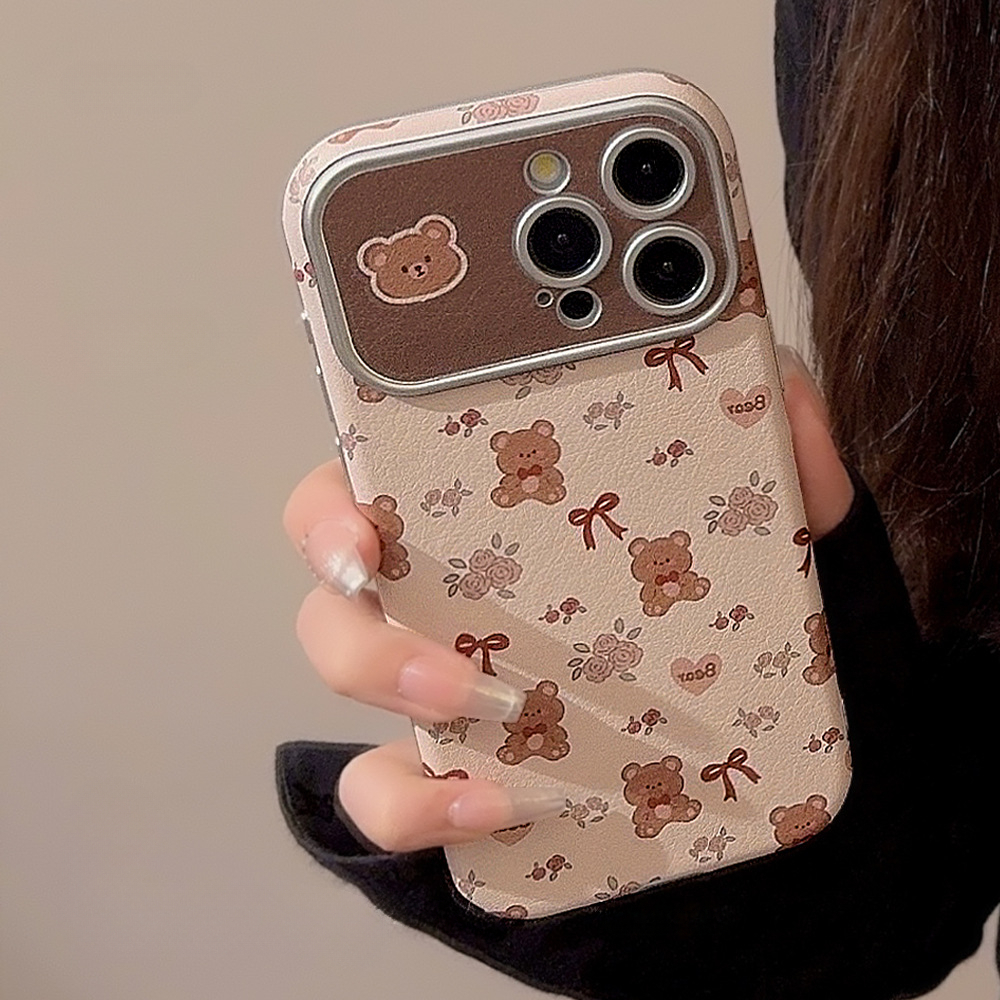 TEMU Phone Case - Cute Bear Flower Faux Leather Electroplated Silver Full-covered Soft Case Suitable For Iphone 17 16 Phone Case 15/14/13/12/11