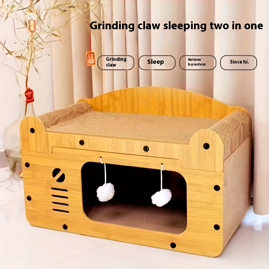 

1pc Multi-functional Cat House - Dual-layer Wooden Cat Condo With Post, Play Balls, And Cozy Bunk Bed For Multiple Cats - Easy