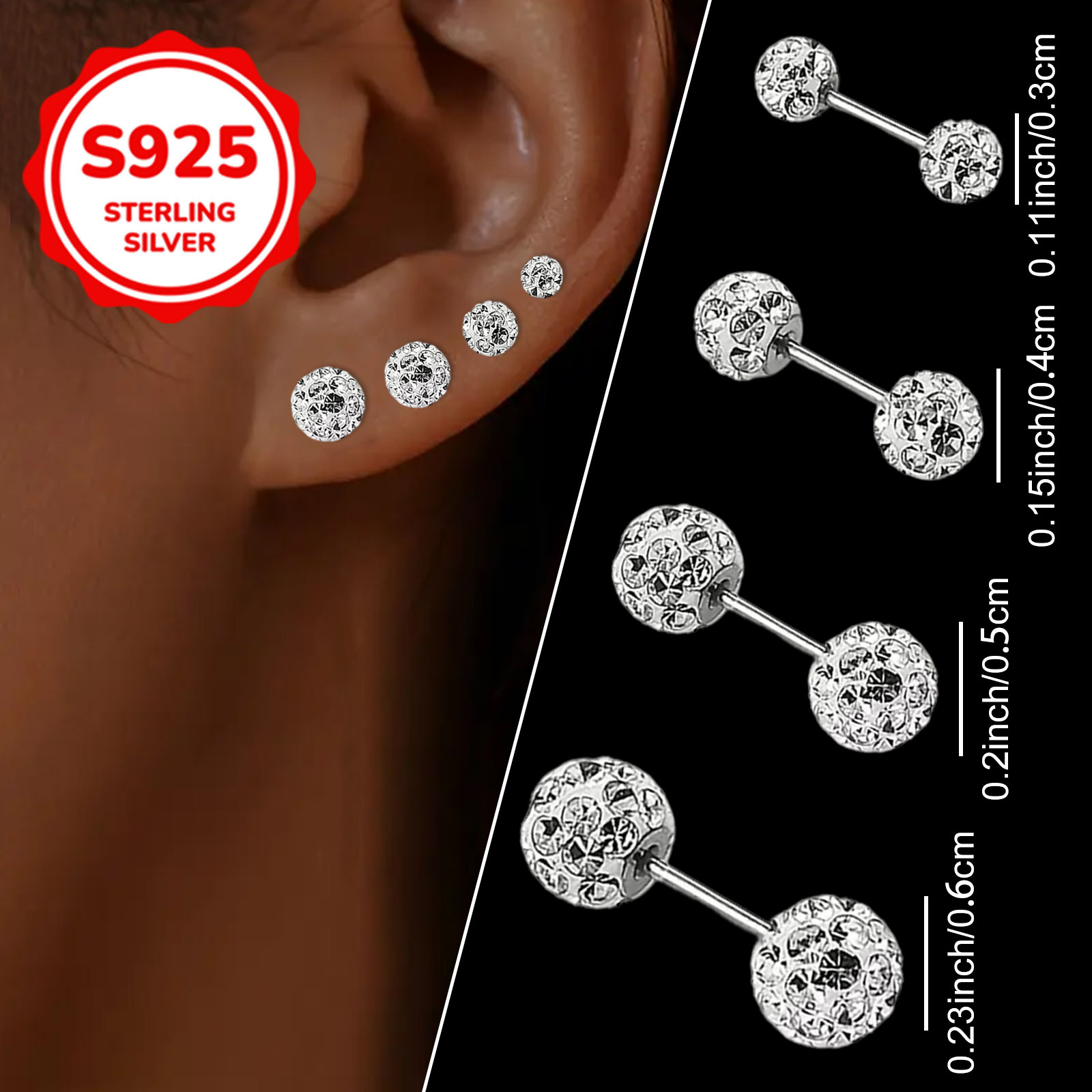 TEMU Une paire/pièce de clous d'oreilles à boule en argent , élégants et parfaits . Ces boucles d'oreilles brillantes, délicates et adorables pour un