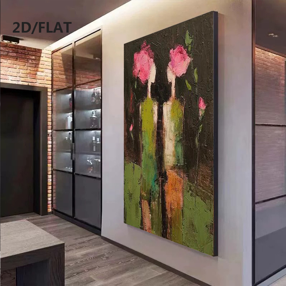 TEMU Plat 2D, 1 pièce Peinture à l'huile abstraite - Art mural Sœurs marron et vertes Fleur et Figure, Grande peinture moderne pour salon, chambre,