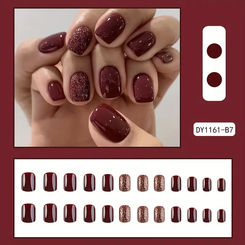 24pcs Red Glitter Short Squoval Press On Nails Simple Glossy Fake Nails Artificial Finger Manicure False Nails