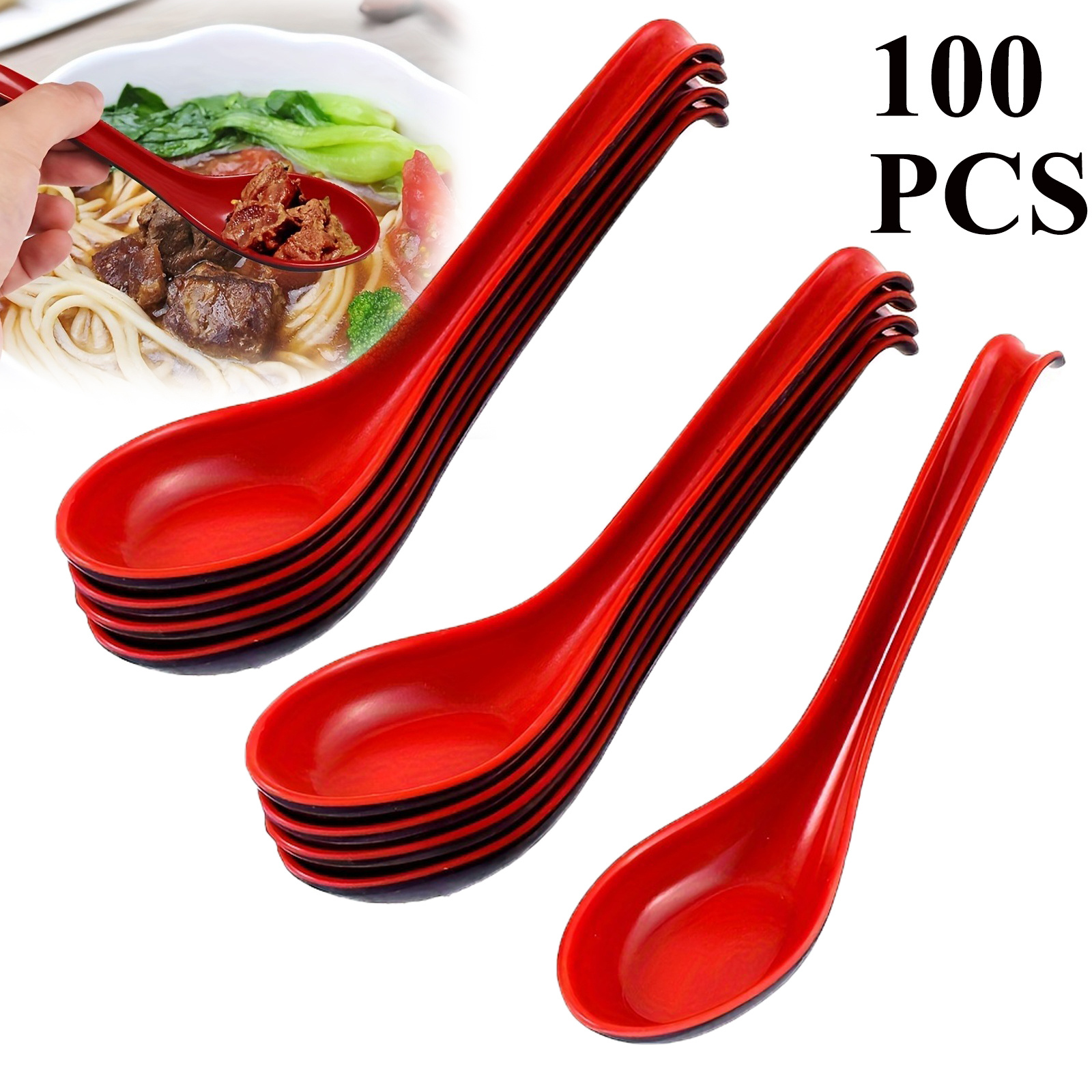 TEMU 100pcs Soup Spoons - Durable, , And Easy-to-clean Tableware For Restaurant Supplies, Serving Ramen, Pho, Wonton, Dumpling, And - Red And Black