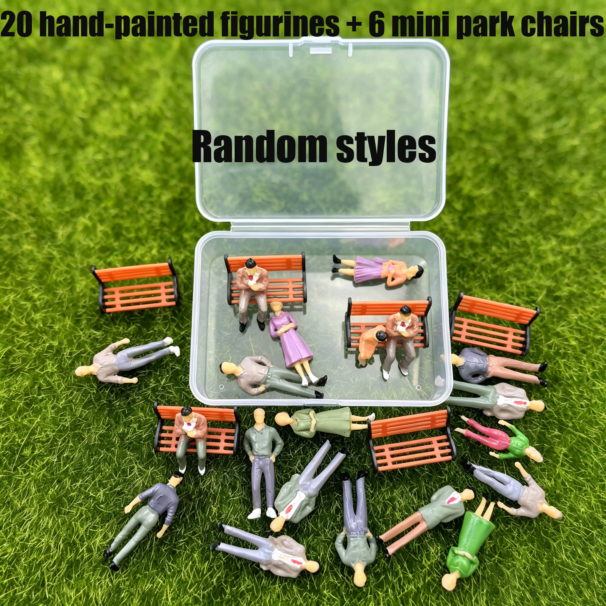 TEMU 26pcs Miniature People With Park Bench Set, 20 Hand Painted 1:50 Scale Figurines + 6 Chairs, Standing Sitting For Accessories, Railway Train