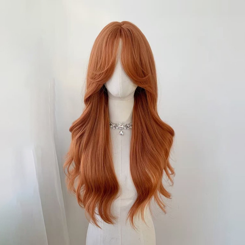 TEMU 1pc 26-inch Women's Wig In Dark Orange With Middle Parted Bangs, Large Wavy Long Curly Hair, Everyday Fluffy And Exquisite, Easy To Manage,