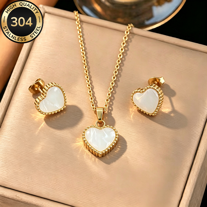 TEMU 2pcs Set Romantic Stainless -shaped Earrings And Necklace Set, -shaped Jewelry Set, Stainless Steel Material, Classic And Versatile Design, In