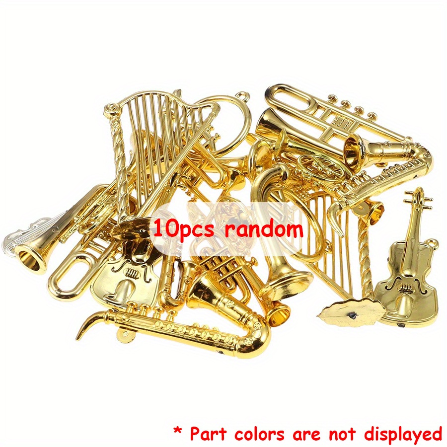 TEMU 10pcs Mini Golden Musical Instruments - Guitar, Violin, Horn, Saxophone - Elegant Musical Decorations For Dollhouse, Home, Office, Party - No