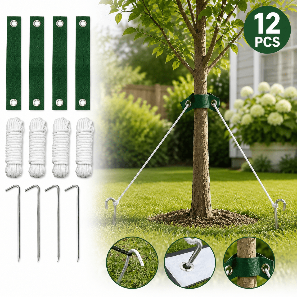 TEMU Kit de Support pour Arbre Robuste de 12 Pièces, Incluant 4 Sangles d'Attache de 6 mm d'Épaisseur, 4 Cordes -vent et 4 Éclisses de Sol.