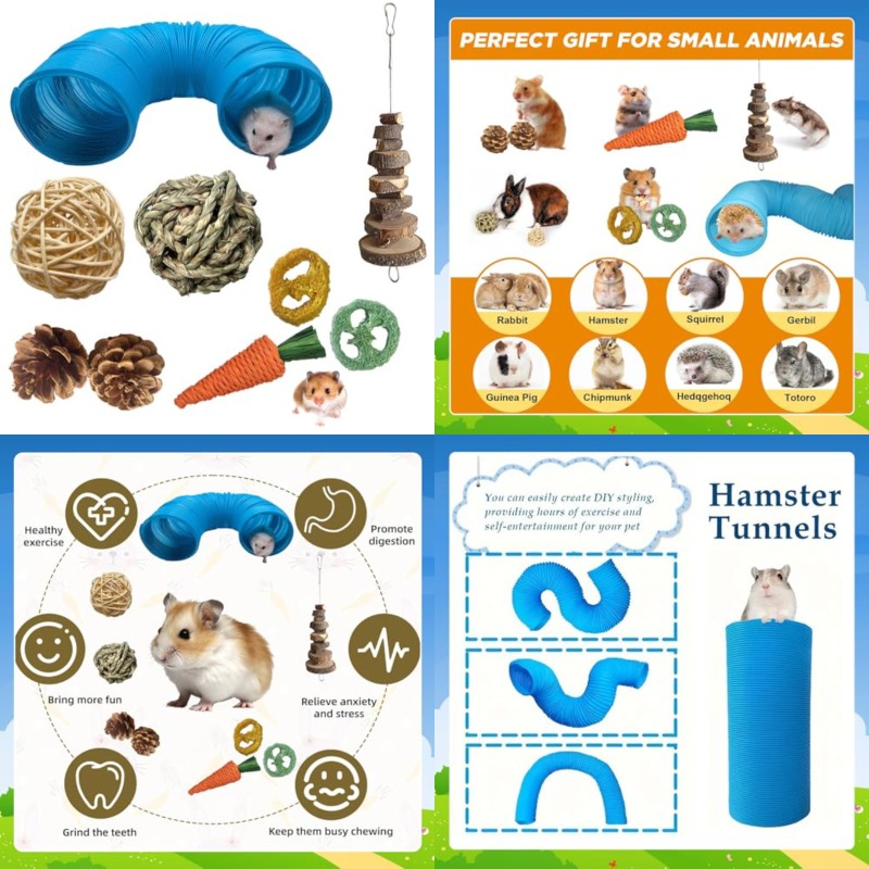 SUSOO 9pcs Set of Toys for Hamsters, Featuring Safe Natural Chew Items And an Expandable Play Tunnel, Designed for The Dental Care of Hedgehogs, Rats, Chinchillas, And Guinea Pigs, Perfect for Foraging in Small Animal Cages