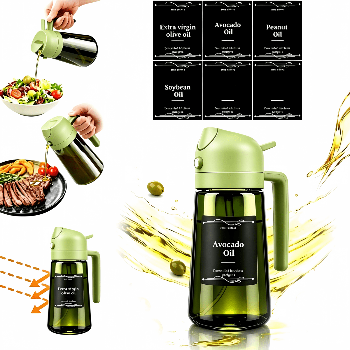 TEMU Distributeur d'huile et vaporisateur de cuisson 2-en-1 en verre, bouteille d'huile en verre de qualité supérieure de 16 oz avec couvercle vert