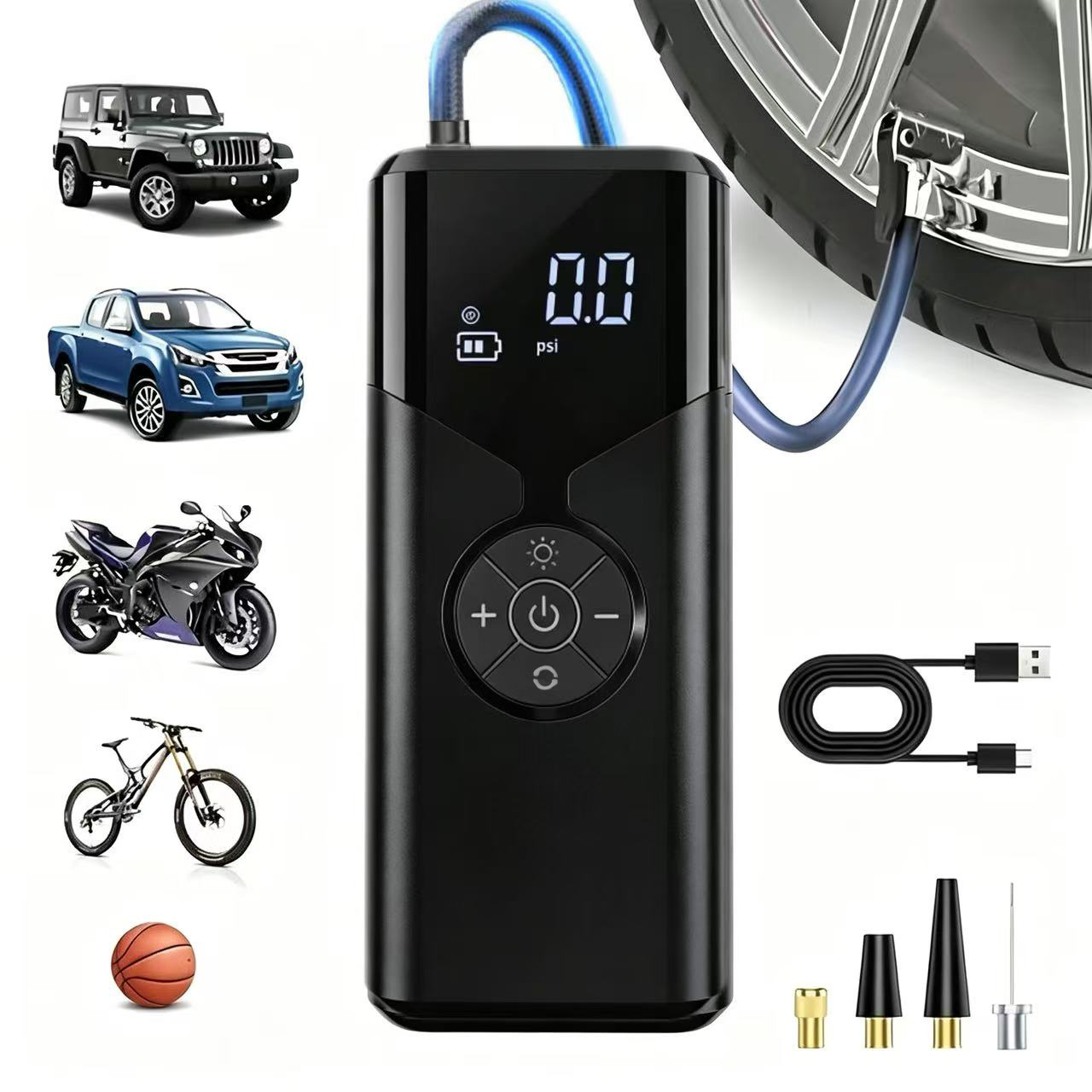 TEMU Portable Tire Inflator, 3x Faster Inflation, Equipped With Digital Display And Led Light, Usb Rechargeable, Includes Multi-functional Nozzle