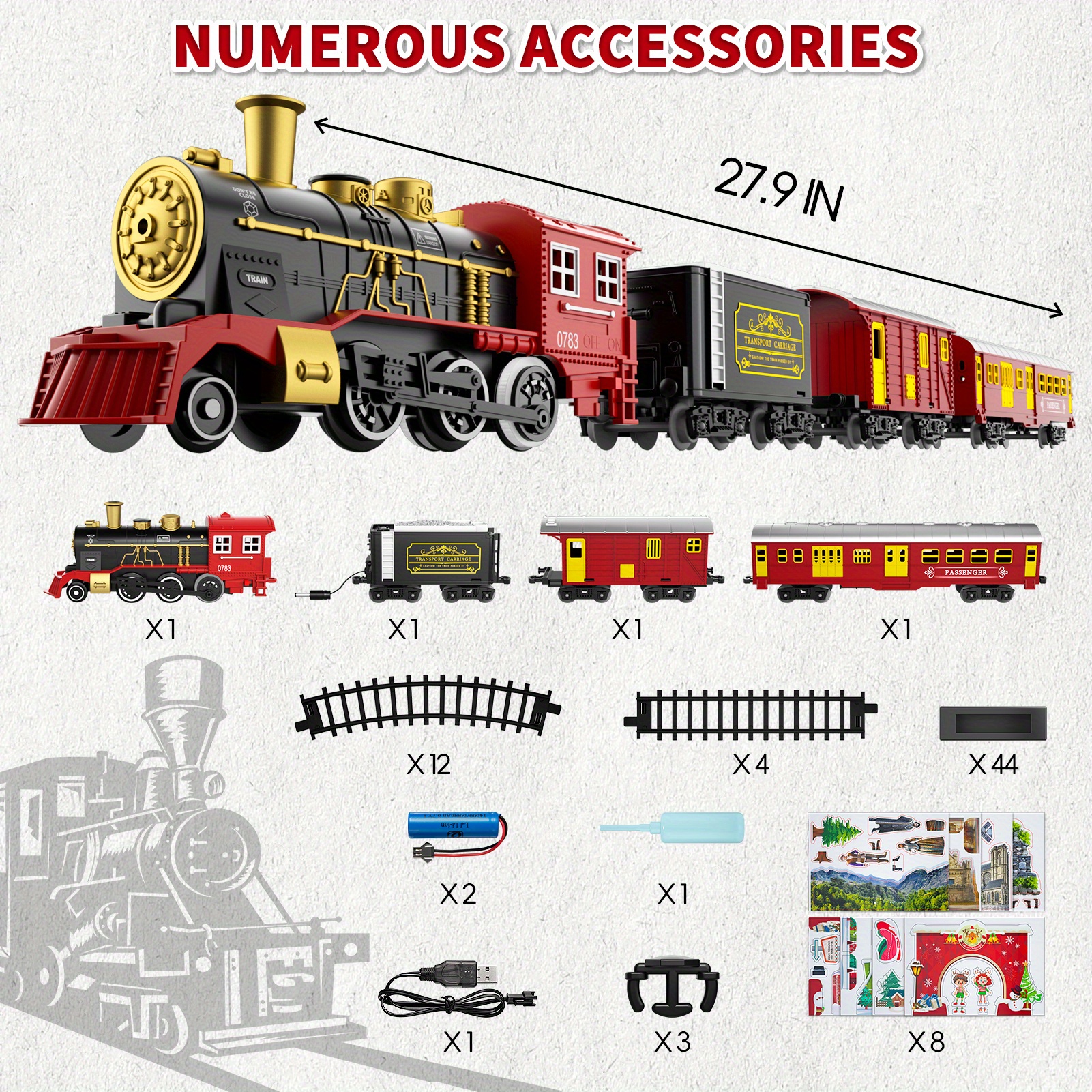 TEMU Collection de Jouets de Train de Noël Traditionnel, Ensemble de Train Électrique pour Enfants, Comprenant une Locomotive à Vapeur avec Lumières