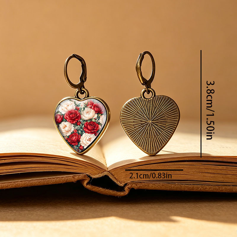 Unisex Vintage Heart-Shaped Glass Dome Dangle Earrings