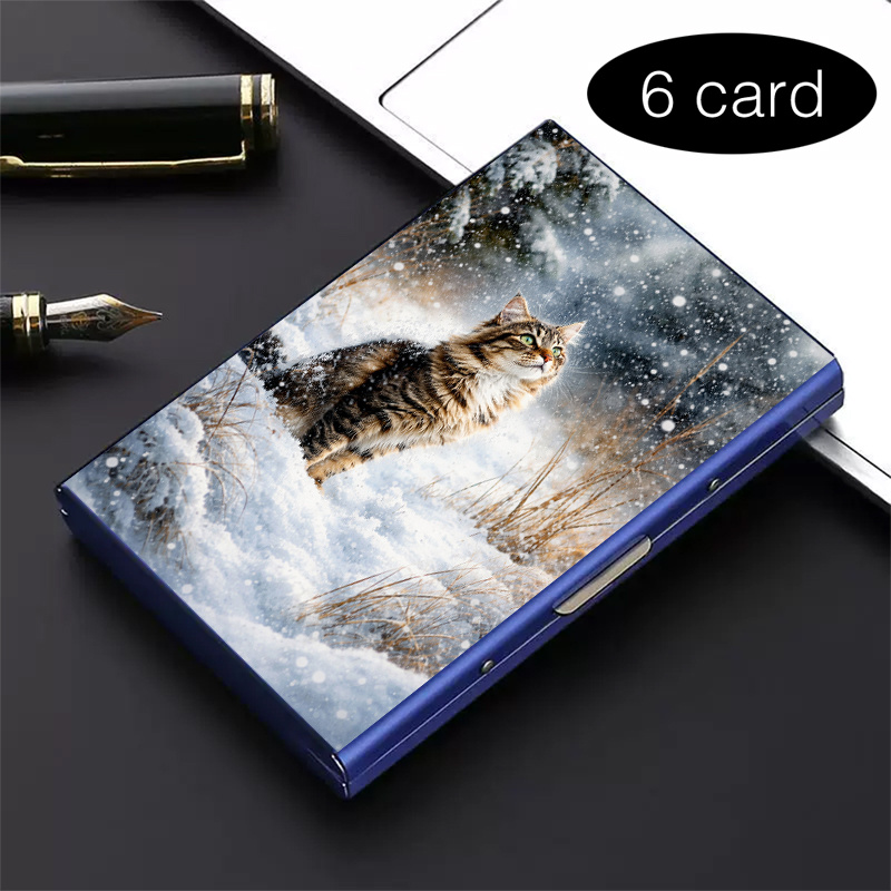 TEMU Porte-cartes RFID haut de gamme en acier inoxydable | Portefeuille élégant en métal noir hiver neige chat avec multi-compartiments, pour des