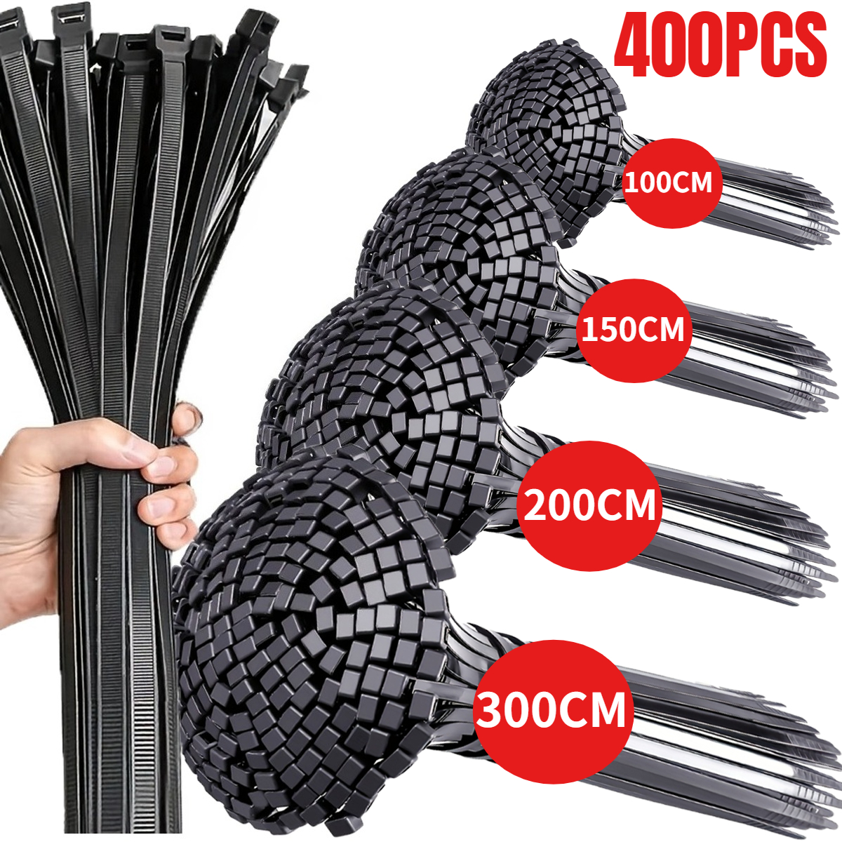 E-shop 400 schwarze selbstverriegelnde Nylon-Kabelbinder, verschiedene Größen: 4 Zoll / 6 Zoll / 8 Zoll / 12 Zoll, Zugfestigkeit 40 lbs, hochwertige