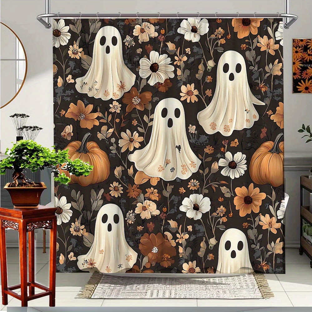 TEMU 1pc Halloween Floral Pumpkin Shower Curtain, Polyester Fabric, Bathroom Decor With And Floral Pattern, Enjoy A Whimsical Experience, Includes 12 Hooks, 70.8x70.8 Inches