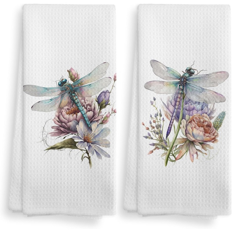 

2 Set 18 Inch *26 Inch Style Theme Gift Towel Watercolor Dragonfly Floral Skin-friendly Repeatedly Used Couples Holiday Gifts Friends Cute Multi- Towels