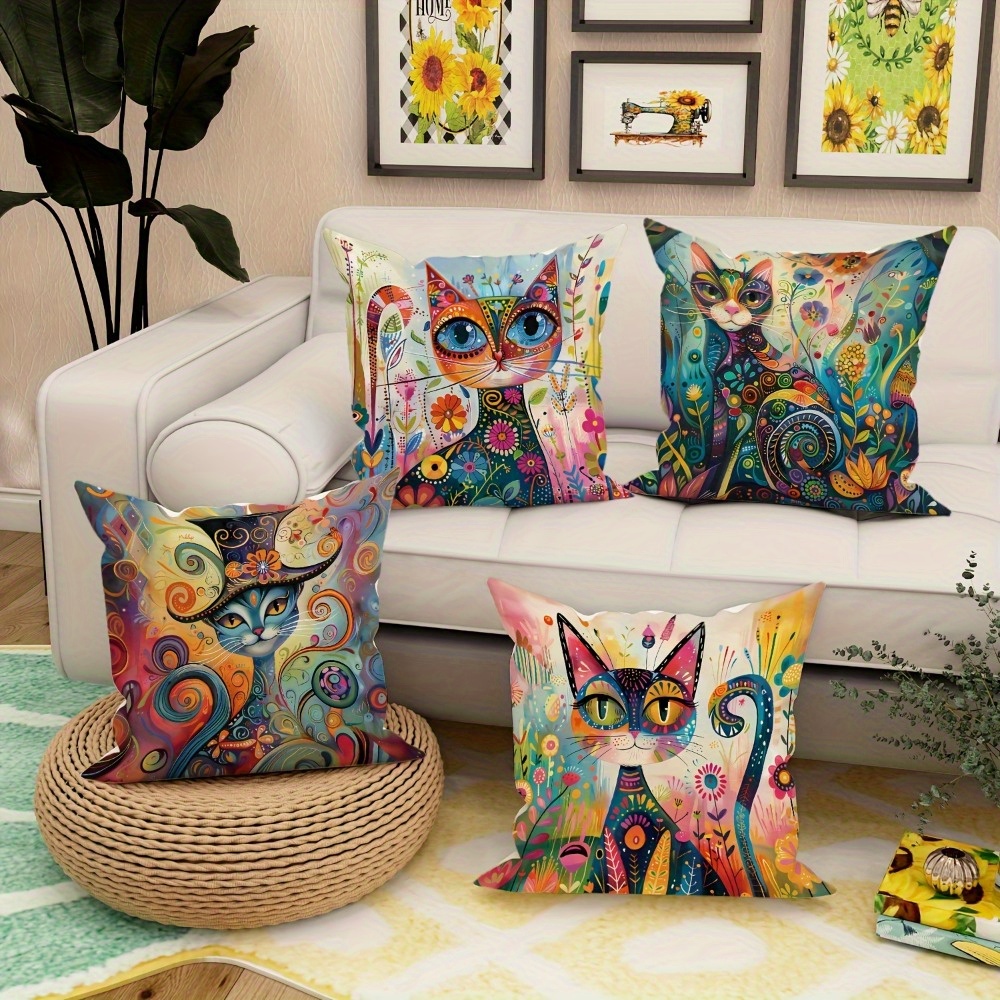 4pcs cat flower abstract art   printed zipper pillowcase double sided polyester printed pattern zipper closed home decoration living room bedroom and sofa home decoration not included in the pillow Product details 1