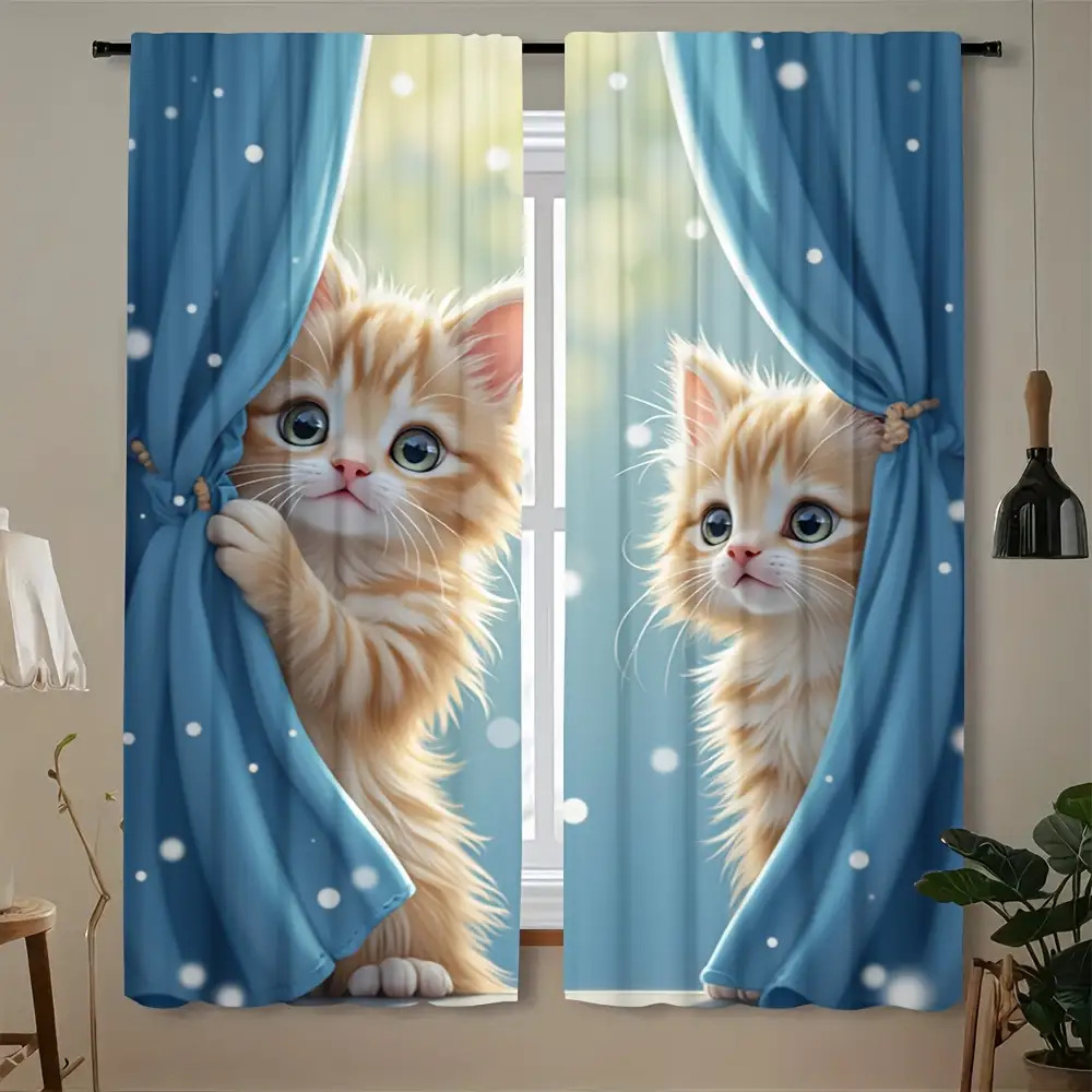 TEMU Rideaux 2D plats, impression 2D, 2 pièces, adorables rideaux imprimés chat - Élégants voilages semi-transparents en polyester pour salon et