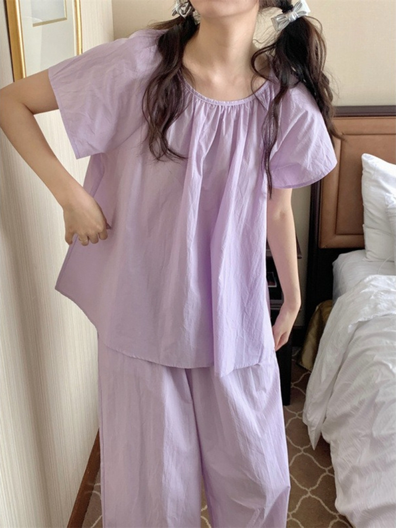 Sweet Purple Solid Color Short Sleeve & Pants Pajama Set - Loose Round Neck Babydoll Top &   Elastic Waist Pants - Casual, Elegant Loungewear for Summer/ Autumn, Versatile for   (Suitable for Air-Conditioned Rooms)