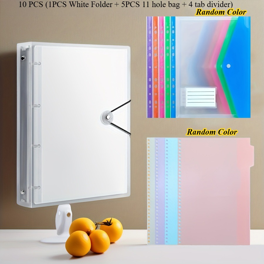 TEMU 10pcs Set: 1 Durable A4-sized Colored Pp Binder Folder And 5 Random Colored 11-hole Bags And 4 Random Colored Tab Dividers. Portable And