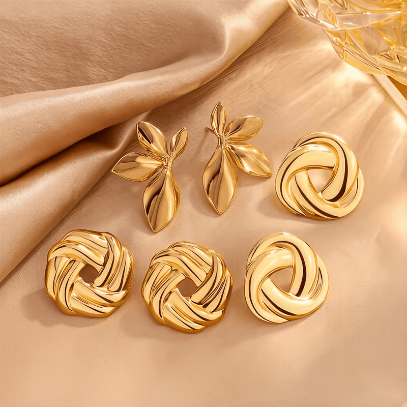 TEMU Juego de 3 de aretes de acero inoxidable hipoalergénico de calidad, de moda y elegantes, con diseño dorado floral a rayas, adecuados para uso