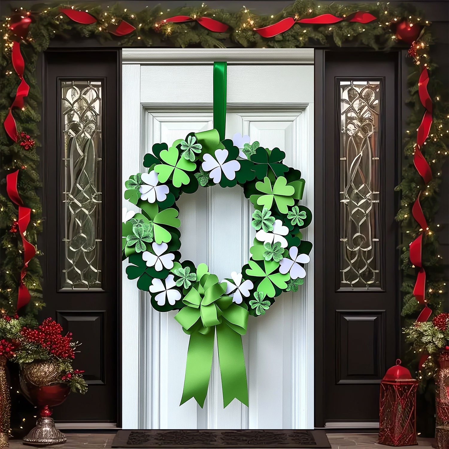 

2d Door Banner 1pc 's Day Clover Wreath Door Hanging - Polyester Green Shamrocks Wreath With Bow, No Electricity Required, Featherless, Indoor/outdoor Decoration