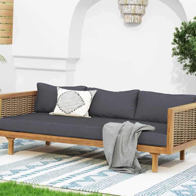 modern 3 seater daybed with   dark grey cushions all weather durable indoor outdoor sofa bed comfortable 3 seater couch for garden balcony lounge easy assembly low maintenance no wood furniture