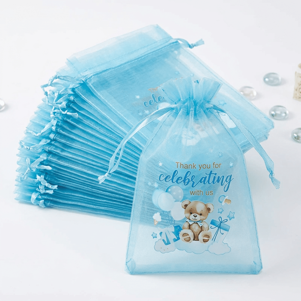 TEMU Gift For Her/him 32 Pack Blue Organza Gift Bags, 10.16 X 15.24cm Sheer Drawstring Mesh Pouches With Ribbon Closure, Printed , Lightweight Favor