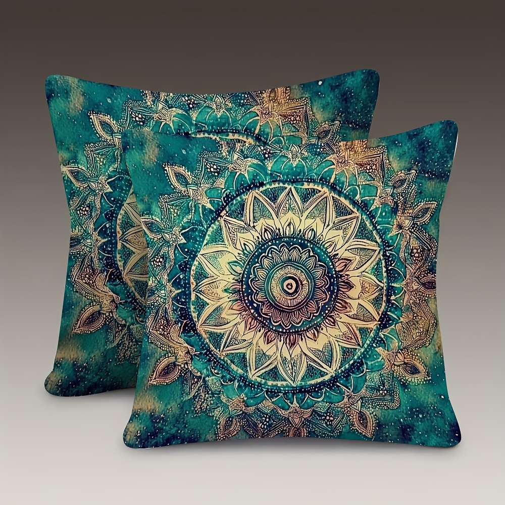 TEMU Set Of 2 Vintage Mandala Throw Pillow Covers, 18x18 Inches, Soft Short Plush, Sky Blue And Beige, Featuring A Zippered Double-sided Design -