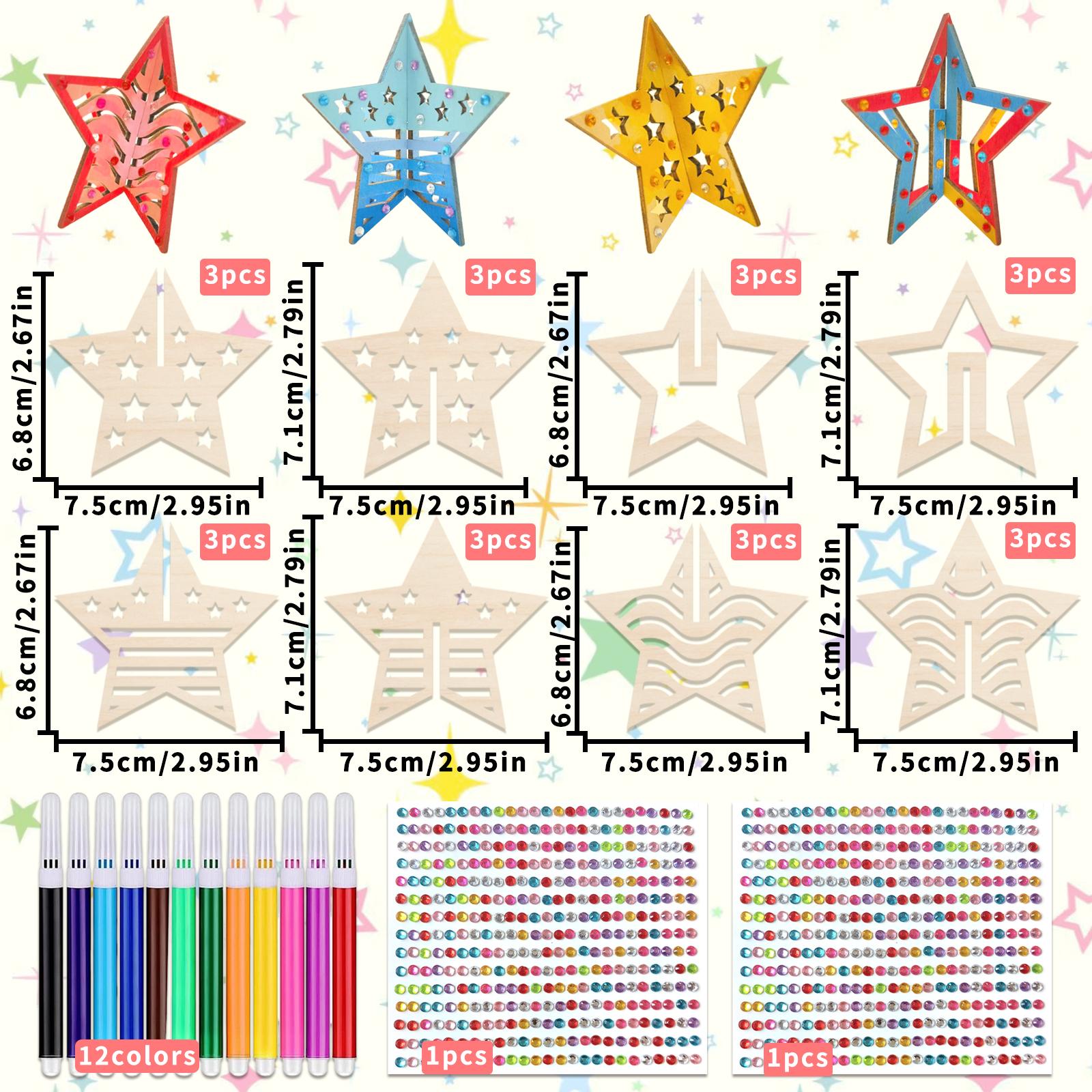 Image of Painting Kit With 24pcs Unfinished Wooden Star Shapes (makes 12 3d Stars), 12 Markers And 2 Sheets Stickers - Wooden Cutouts For Home Decor, Party Supplies And Classroom Activities