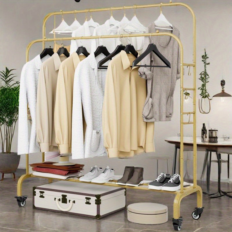   iron double rods garment rack with wheels freestanding multi functional clothing organizer portable clothes hanger with 4 hooks with no electricity required for closet storage details 3