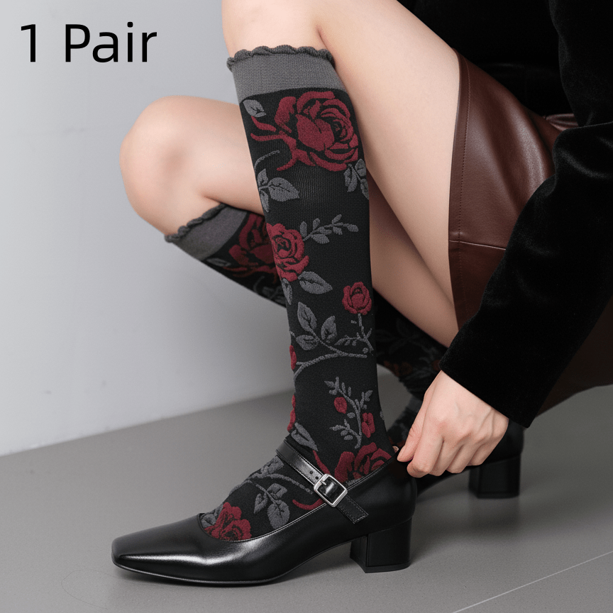 TEMU 1/3 Pairs Of Vintage-style Women's Knee-high Socks, Made Of Jacquard Fabric, Featuring Elegant Rose Designs And Luxurious Floral , Available In