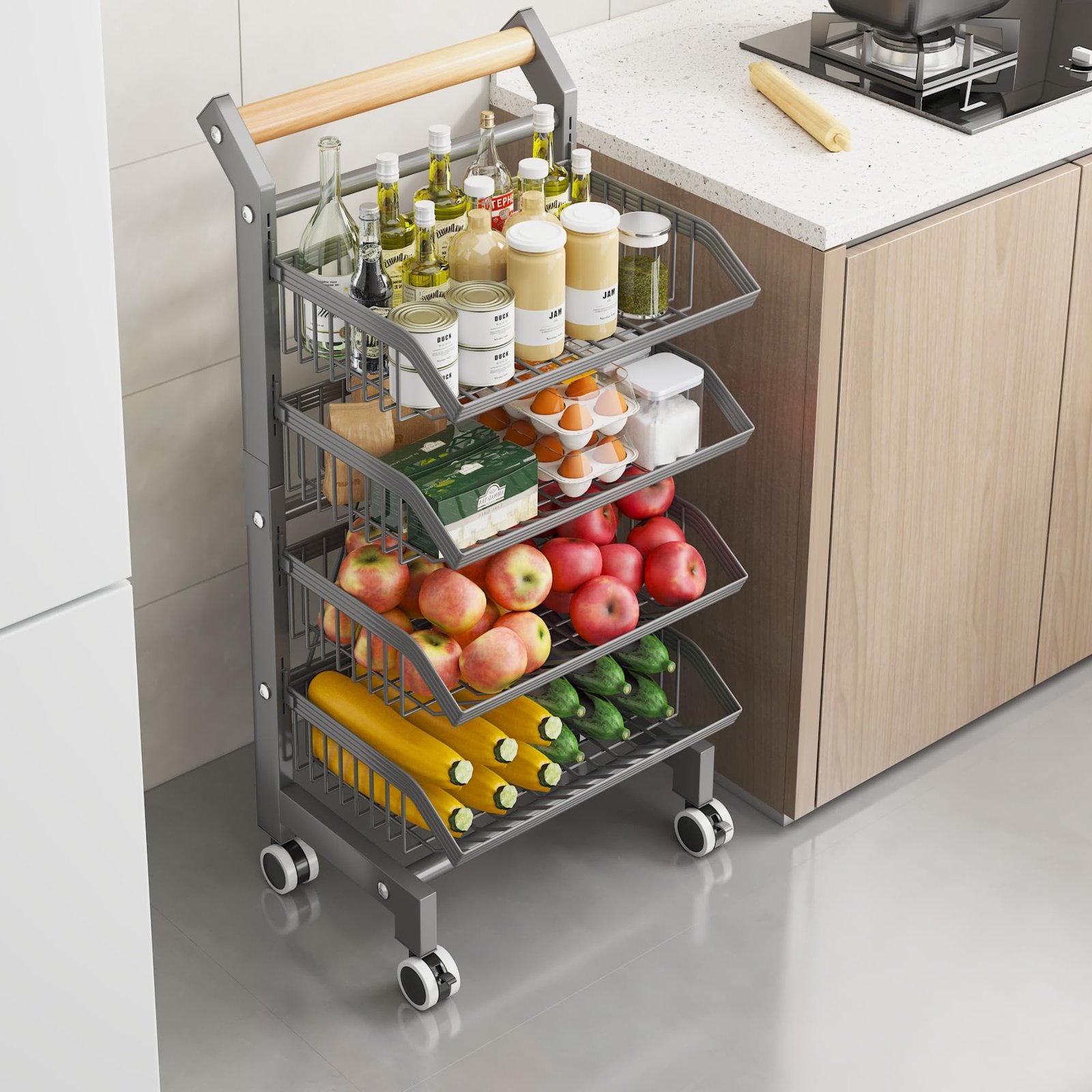 TEMU Chariot de cuisine robuste à 4 niveaux en métal sur roulettes, chariot de rangement mince pour légumes et fruits avec poignée en bois,