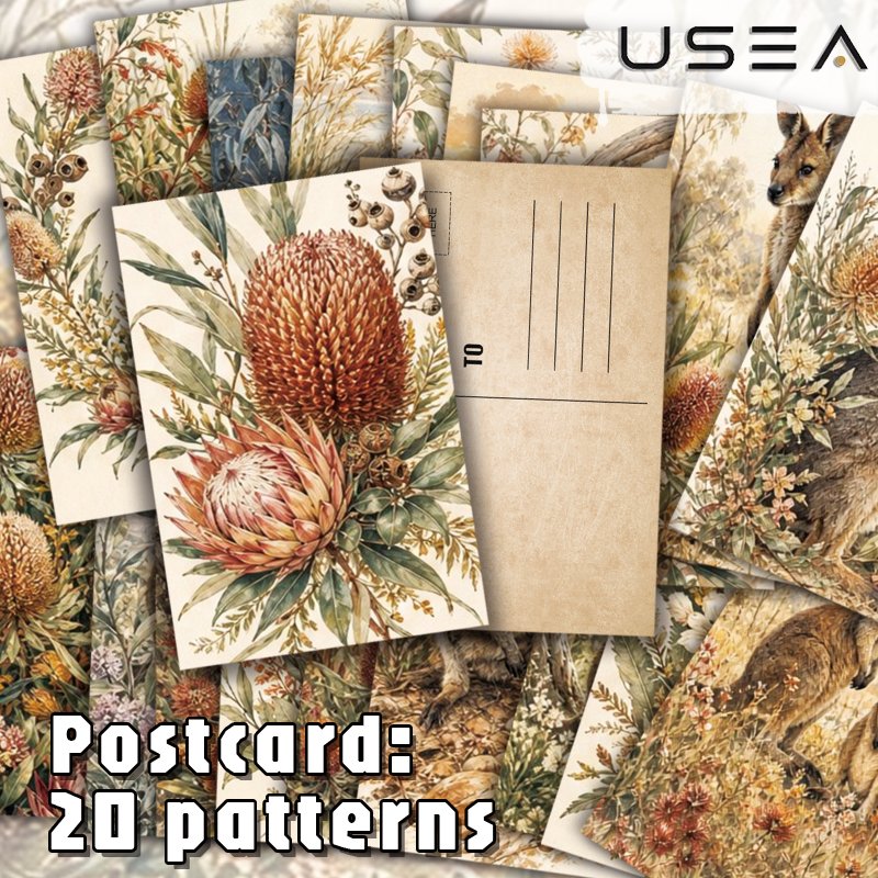 TEMU 20pcs Vintage Botanical Postcard Set Native Floral Kangaroo Art Postcards Nature Decorative Post Card Pack For Mailing Wall Collage Scrapbooking