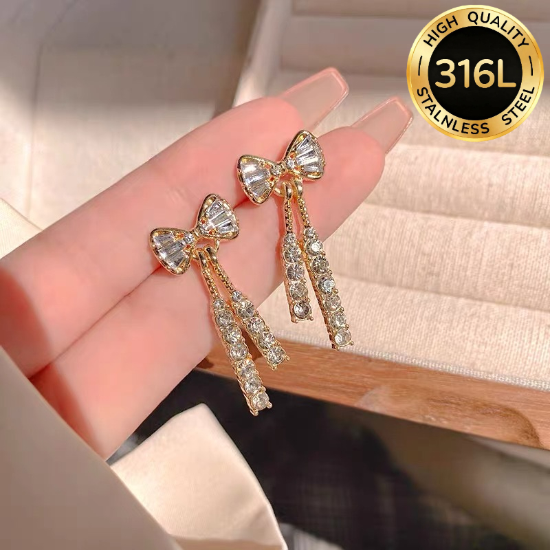 TEMU A Pair Of Women' 316l Stainless Steel Inlaid Plastic Bow Earrings - Hypoallergenic - Banquet Ceremony Party Holiday Dating Gift Additions.