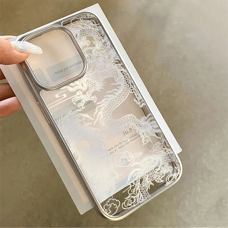 TEMU Phone Case - Electroplated Big Frame Phone Case With White Dragon Pattern For Iphone X/11/12/13/14/15/16/17/air/pro/promax/plus, Shockproof,