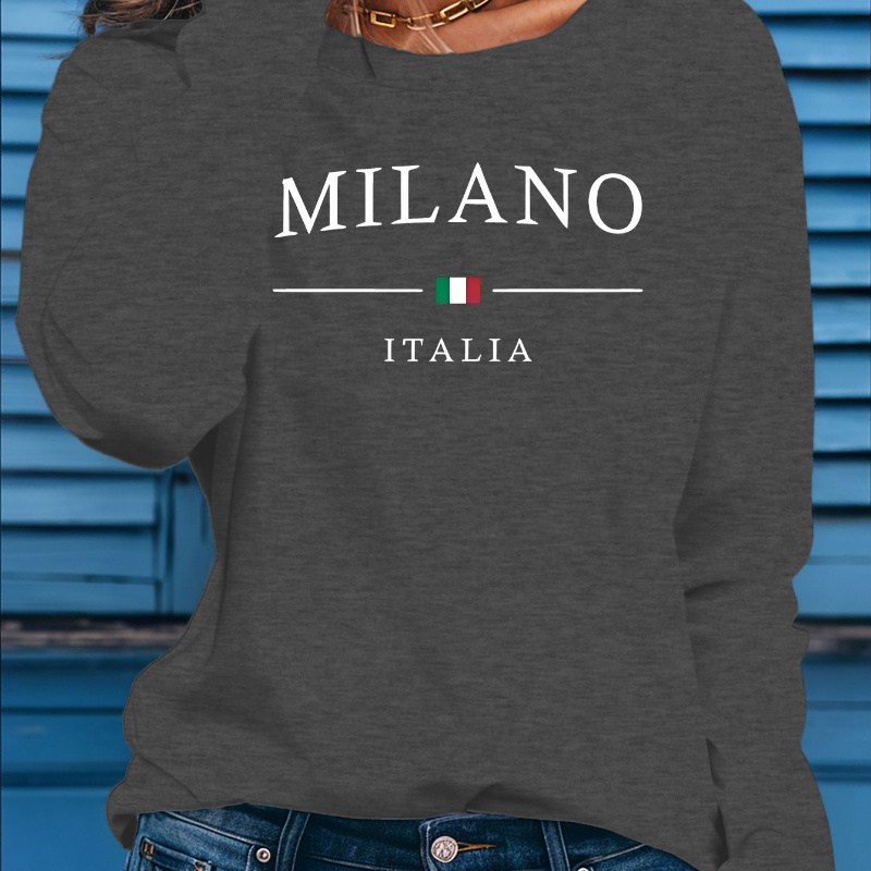 

Women's Italy Letter Print Long Sleeve Crew Neck T-shirt, Casual Knit Polyester Top For Fall/winter, Regular Length With Cartoon Pattern - 65% Polyester, 5% Elastane, 30% Viscose