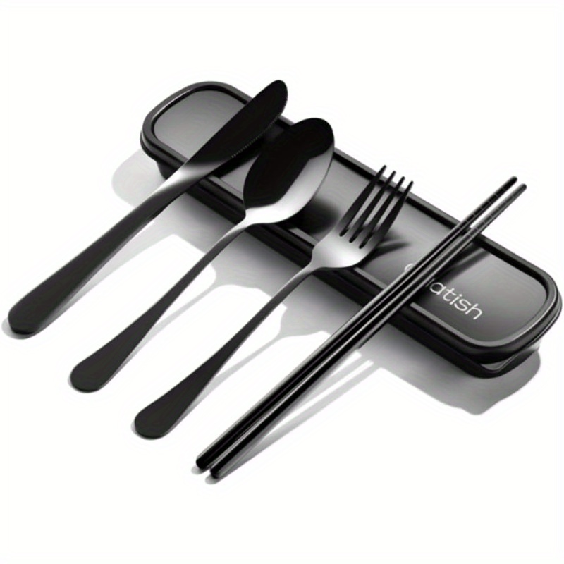 travel utensils with case   portable silverware set for work stainless steel reusable travel cutlery set fork and spoon set for picnic camping gadgets lunch box for men and woman black Product details 0