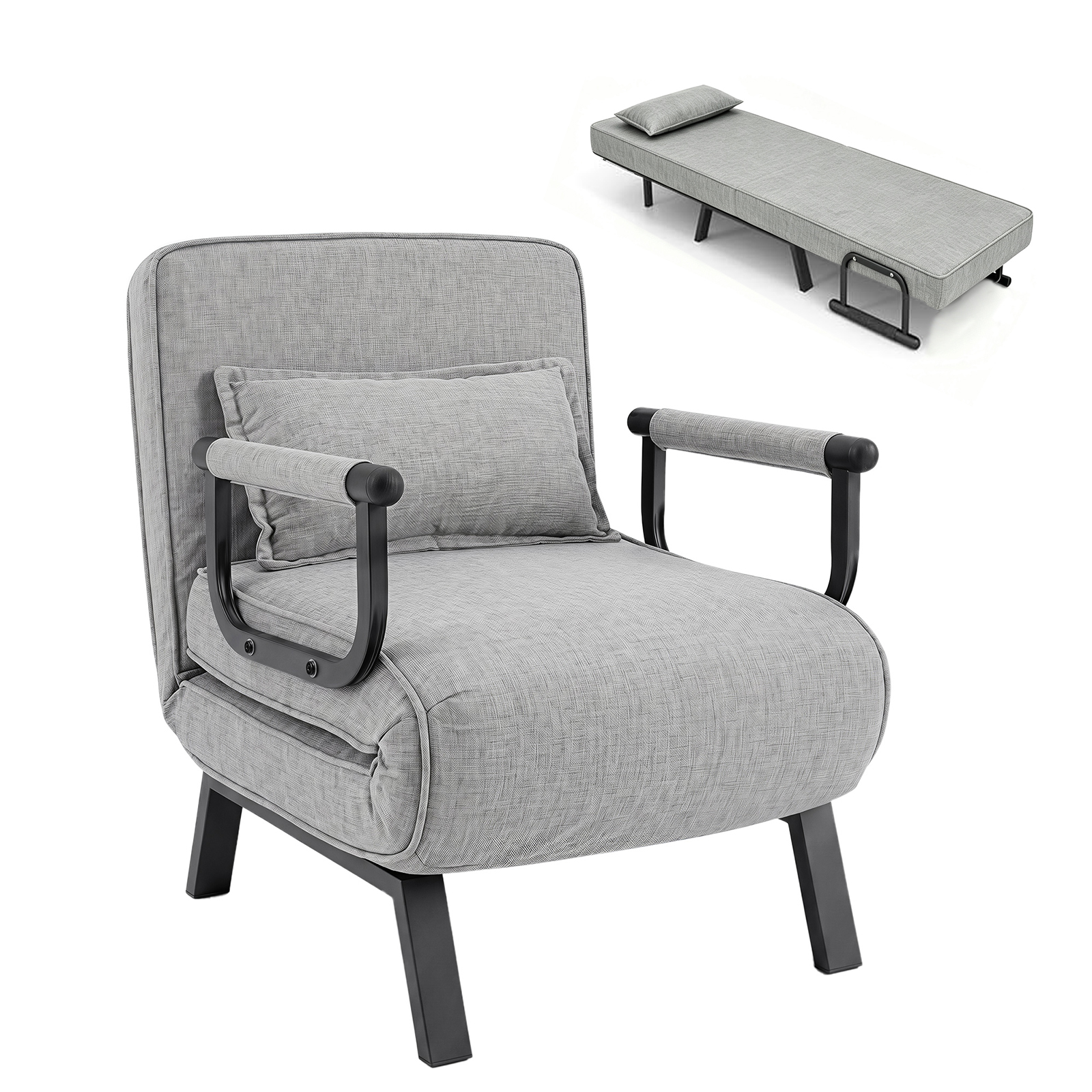 Image of Convertible Sleeper Chair, 3-in-1 Folding Sofa Bed With Adjustable Backrest, Comfy Cushion And Pillow, Hidden Metal Legs, Space- Chair Bed For Adults For Living Room, Bedroom, Office, Light Gray