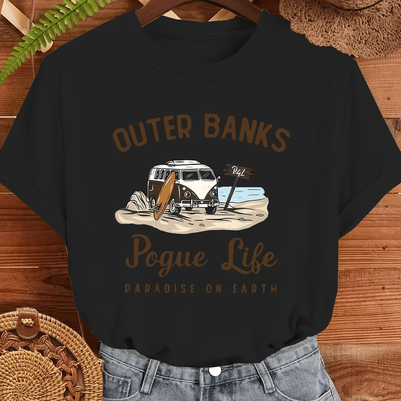 Women'S "Outer Banks Pogue Life Paradise on Earth" Graphic Tee - Black Casual Short Sleeve T-Shirt with Van & Beach Scene, Loose Fit, Round Neck, Lightweight & Breathable for Summer, Beach Clothes