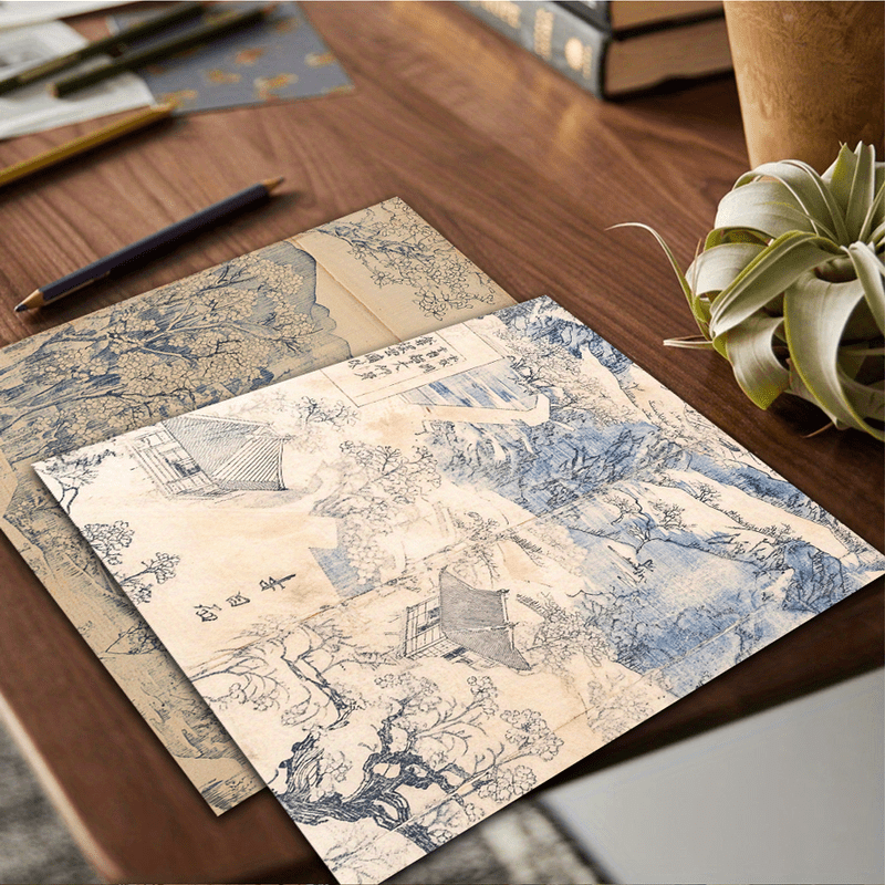 japanese   e prints and   artifacts old japanese   prints depicting landscape scenes faded   receipts delicate cherry   patterns soft indigo and pale peach tones delicate rice paper texture applicable   diy handicrafts greeting card making diary gift wrapping decorative paper
