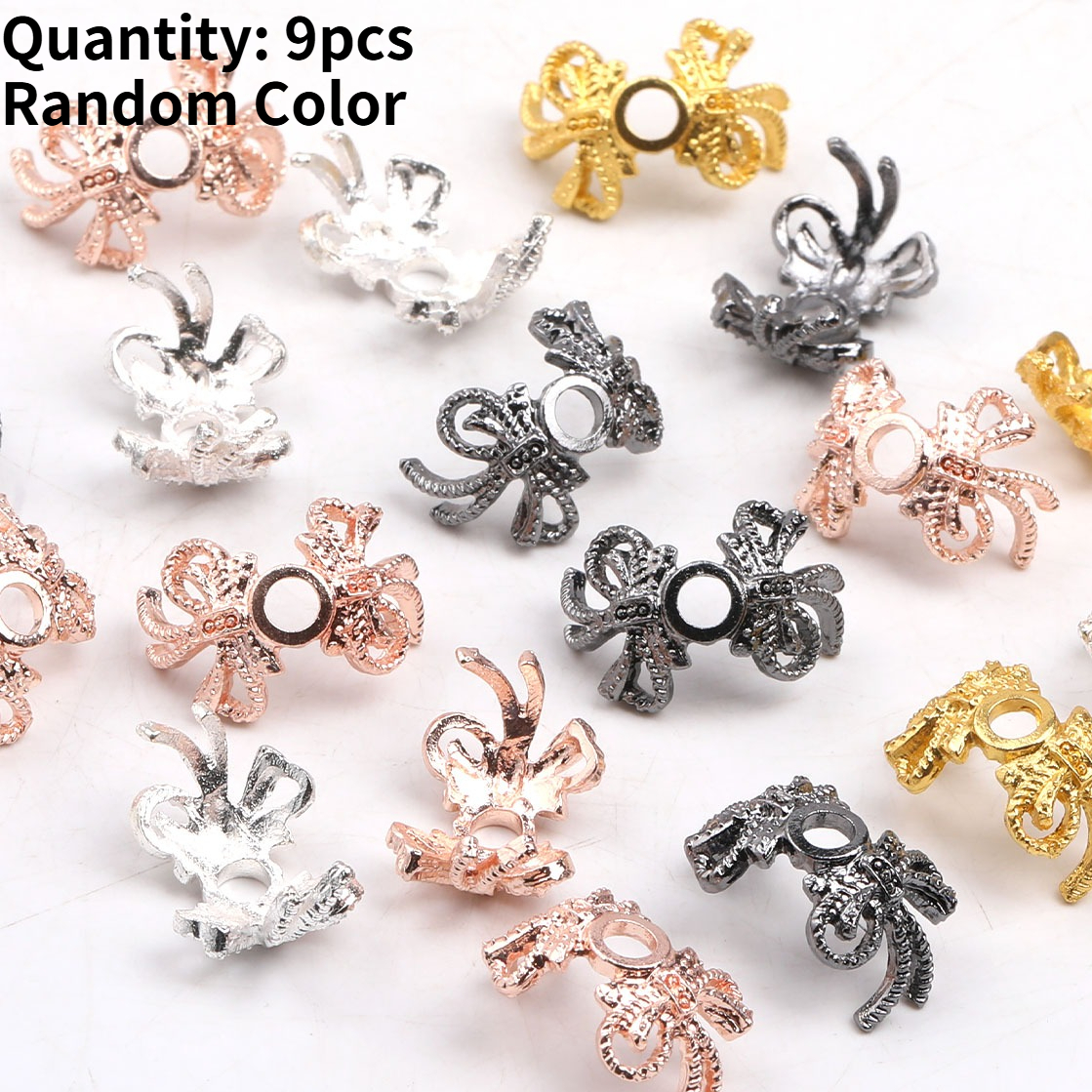 TEMU 9pcs Random .1×1.9cm Alloy Beads For Jewelry Making, Alloy Bowknot Bead Caps, Ornate Ribbed Bow-shaped Bead End Caps For Craft Supplies, Home