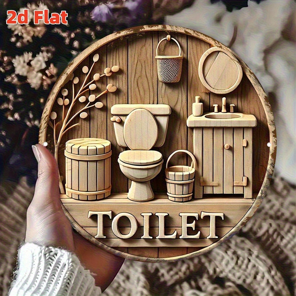E-shop 2D Flach, Handgefertigte Holzoptik Badezimmer-Dekor Wandkunst - 19,81 cm Runde Aluminium-Metalltafel mit Toilette, Waschbecken &