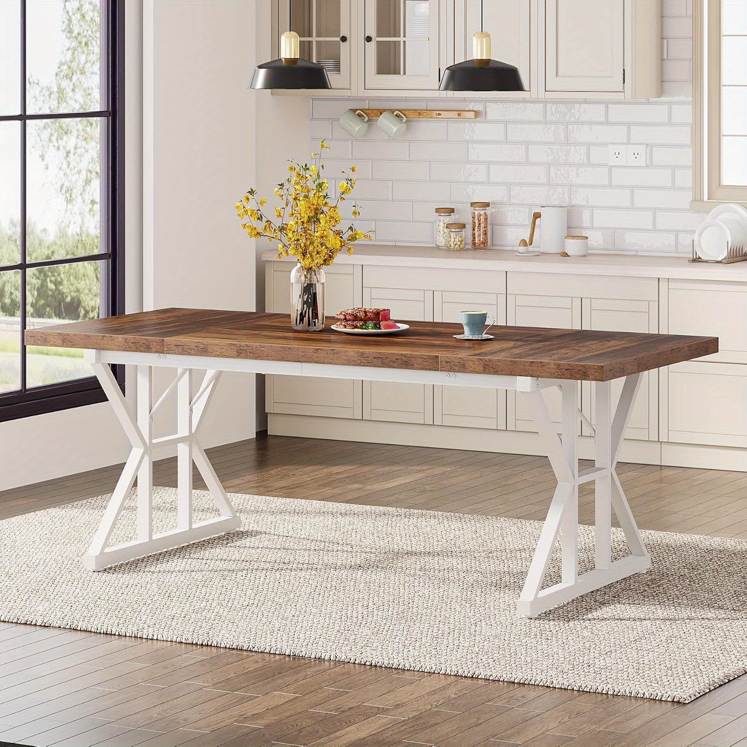 TEMU 63" Rustic Farmhouse Dining Table For 6-brown/ White Rectangular Wood Kitchen Table With Heavy Duty Metal Legs, Sturdy Dining Room Furniture