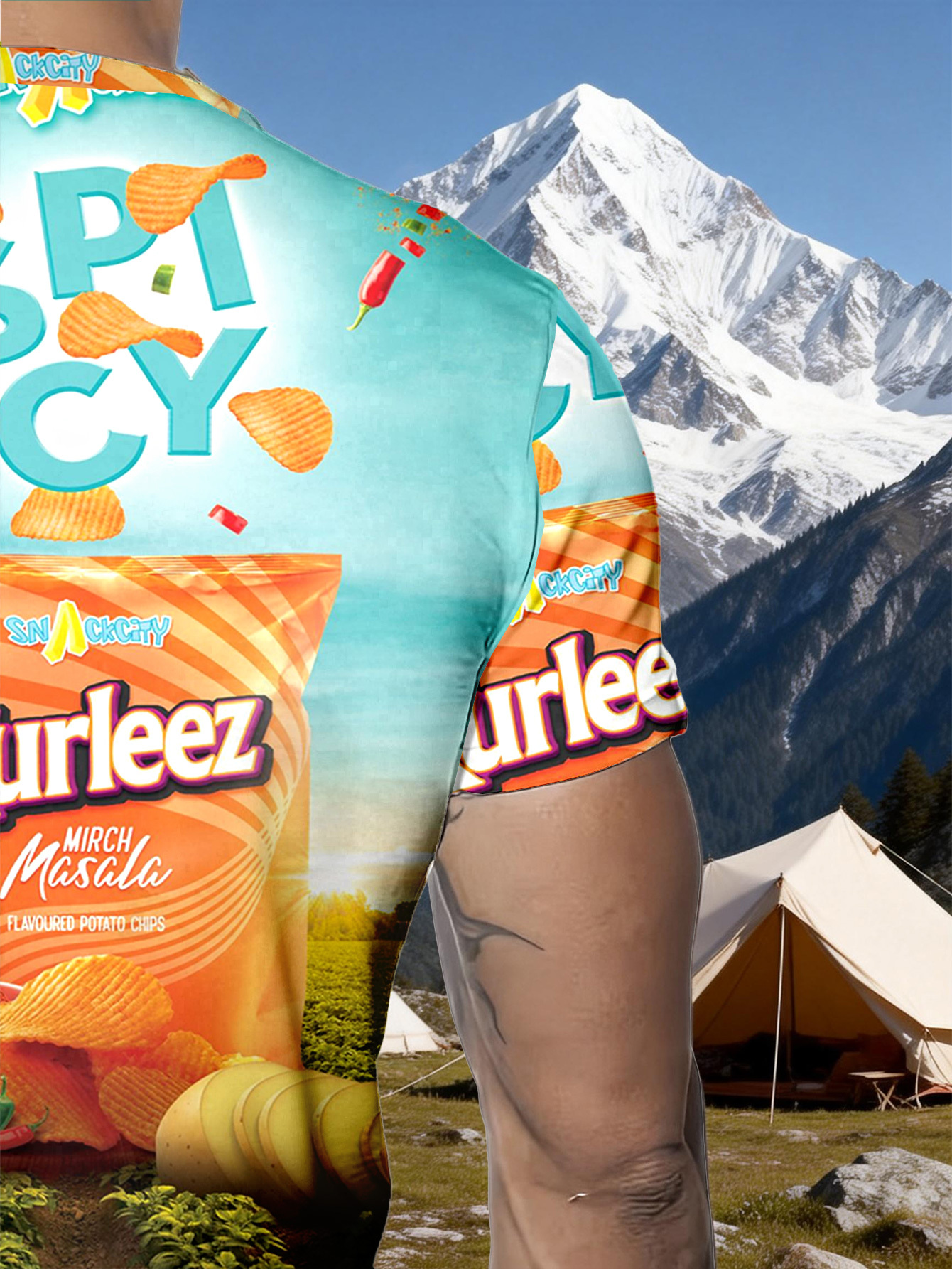 1pc Striped Masala Spicy Potato Chips Print Breathable Soft Round Neck Short Sleeve T-Shirt Suitable for Daily And Outdoor Activities - a Versatile Casual Style for All Seasons, a Must-Have for Fishing Enthusiasts